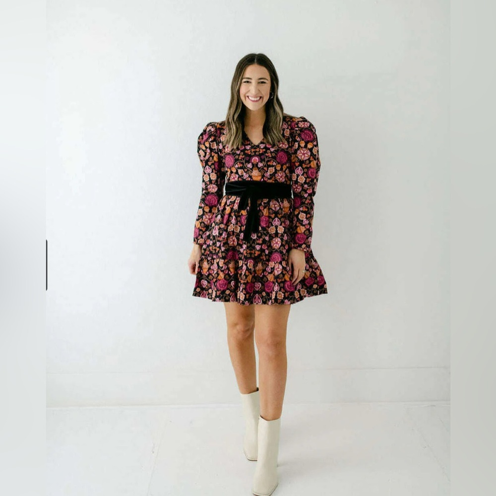 Beyond by Vera Heidi Dress Puff Shoulder Long Sleeve Floral A Line Black  Small